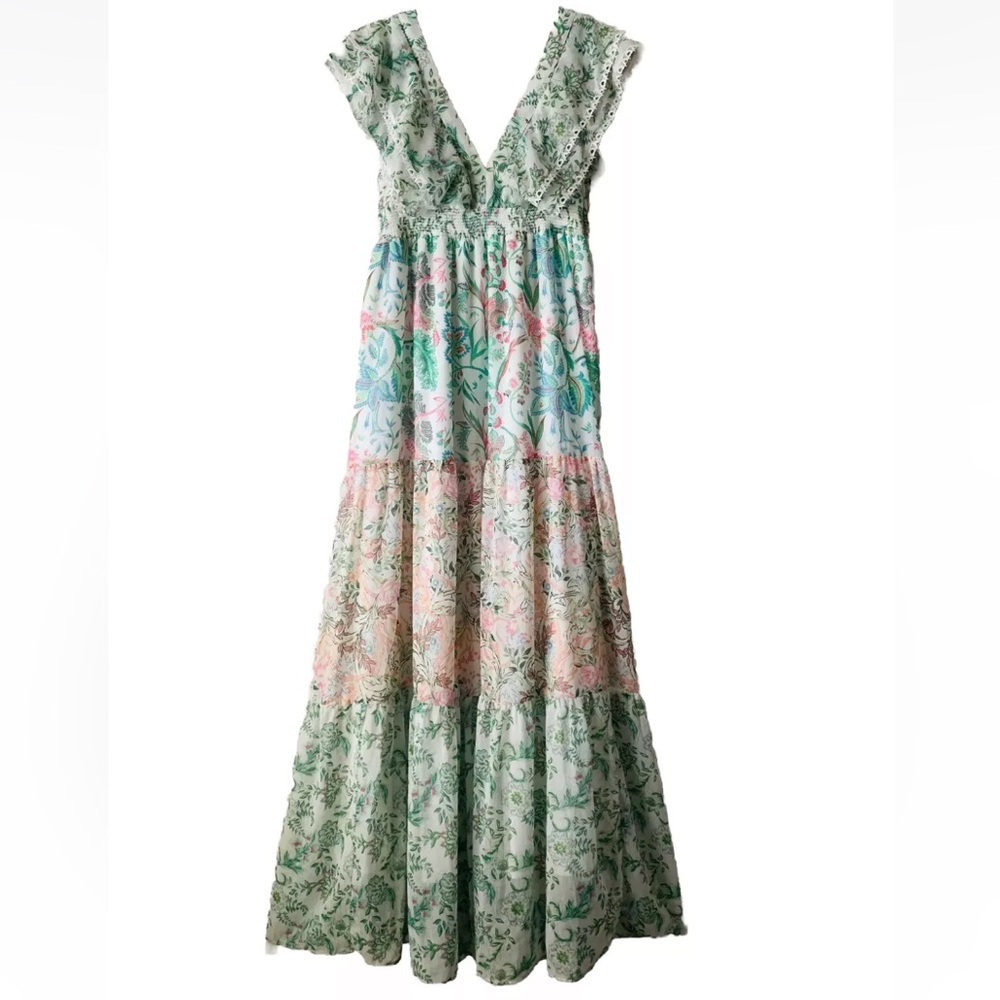 NWT House of Harlow Floral Tiered Maxi Dress Women Size M Pink Green Cottagecore